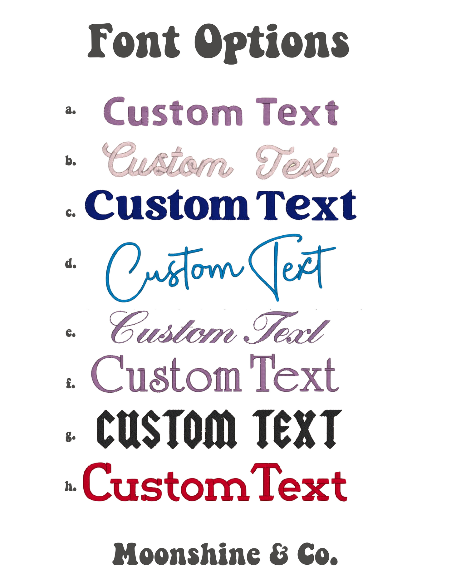 Moonshine & Co. presents various font options for customizing text, showcasing diverse styles from delicate script to bold gothic.