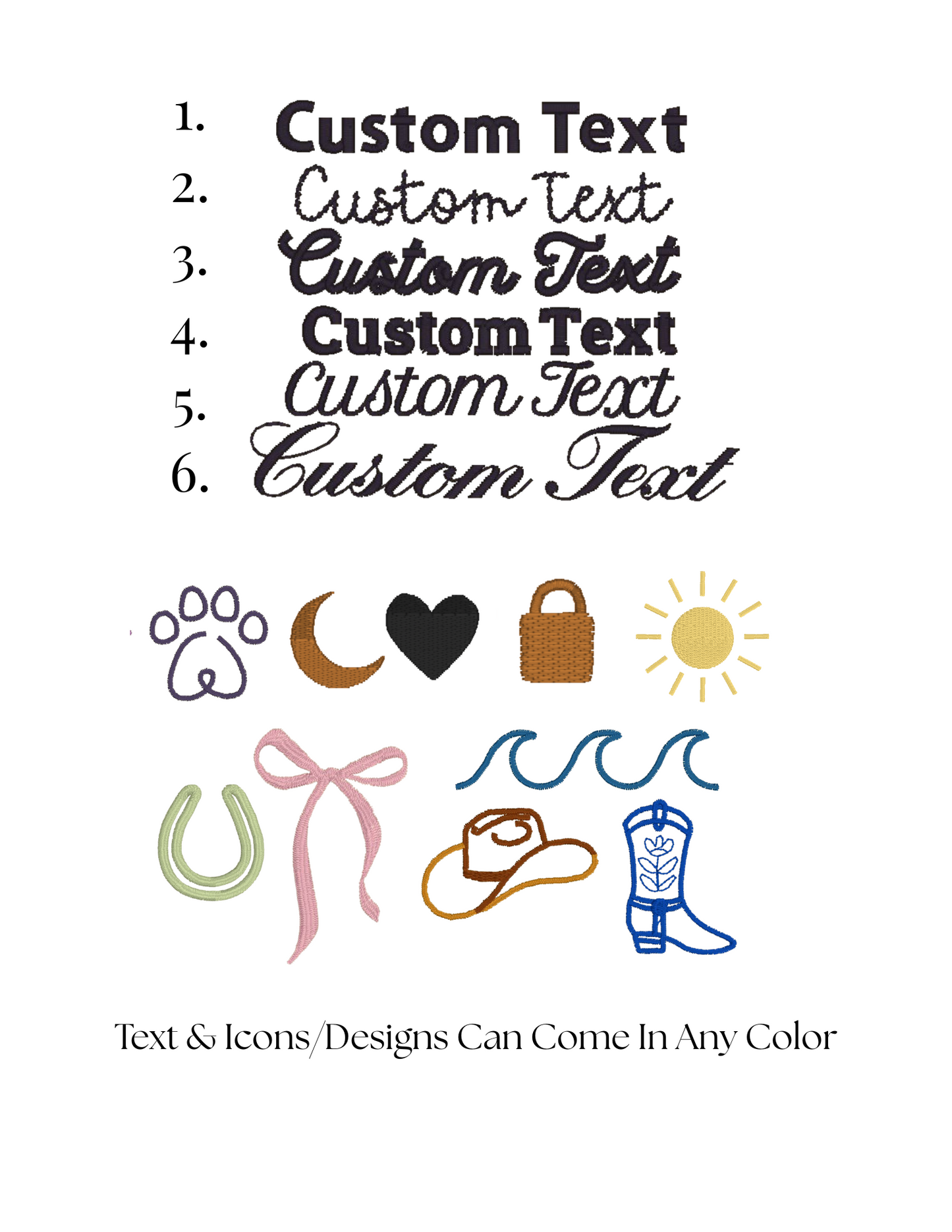 Explore custom embroidery designs including personalized text options, paw prints, moon, heart, basket, sun, horseshoe, bow, waves, cowboy hat, and cowboy boot icons.