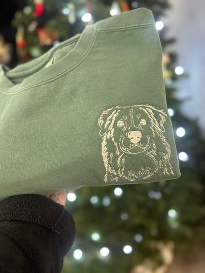 Custom Embroidered Line Art Dog Sweatshirt w/ Personalized Sleeve