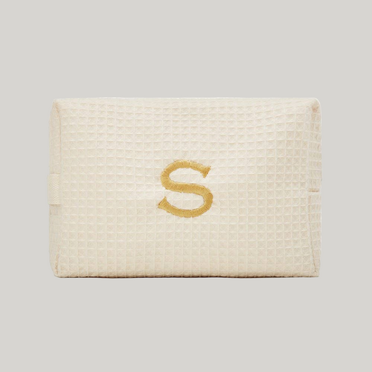 Women's Large Cotton Waffle Makeup Bag- Ivory