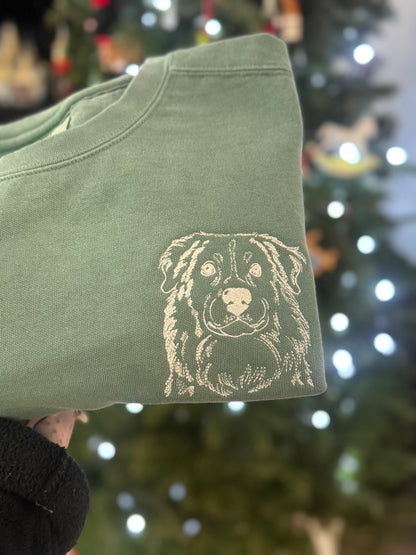 Custom Embroidered Line Art Dog Sweatshirt w/ Personalized Sleeve